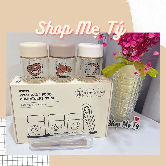 Set 3 Bình trữ Ubmom 120ml PPSU cho mẹ trữ sữa / đồ ăn dặm / snack -  tặng kèm 1 thìa silicon ubmom