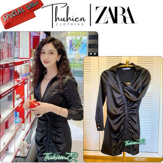 THUHIENZR(sẵn XS)Váy mini ZARA 9006/051/800 lụa kiểu sơ mi đen lụa cúc đá(kèm ảnh thật)