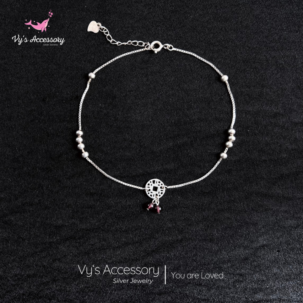 Lắc chân bạc đồng xu cổ kết hợp bi bạc và đá thạch anh dâu hồng Vy's Accessory LC39