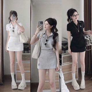 Set váy nữ thiết kế, set borip áo polo tay ngắn thêu chú ngựa phối chân váy chữ a 3 màu basic năng động cho nàng đi chơi