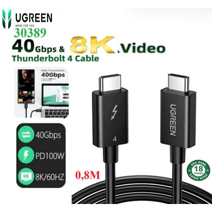 Cáp Thunderbolt 4 Ugreen 30389 60621 US501(Support 8k@60hz Data 40Gbps PD100W Male- Male)