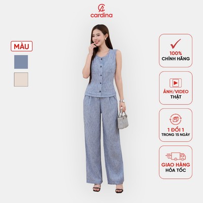 Bộ đồ nữ CARDINA chất linen sóng, áo gile phối quần suông basic 5BED01