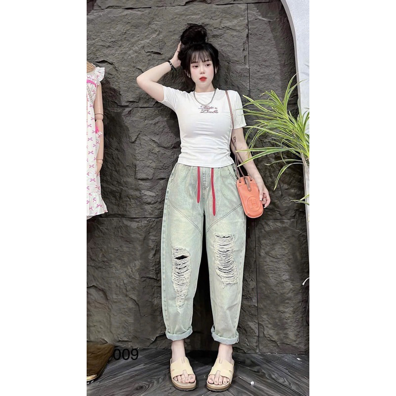 FreeSize-40-54kg)Quần jean nữ dáng Baggy, quần jean nữ lưng chun,dài 90cm (m5-m6)