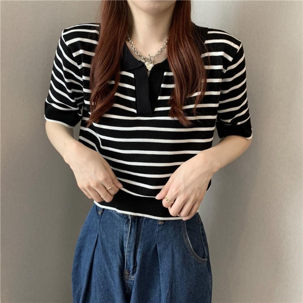 Áo len polo nữ kẻ ngang , áo len mongtoghi tay ngắn màu kem màu trắng phong cách hàn quốc hot trend 