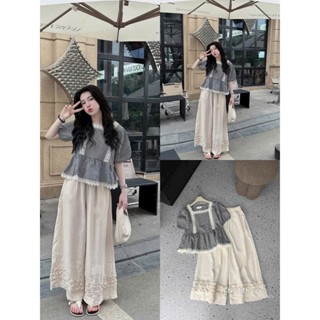 Set bộ dài thời trang tuổi teen áo for sọc caro tay ngắn dáng babydoll siêu cưng mix quần mango lưng chun lai bèo ống