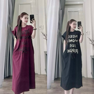 Váy thun dáng suông dài cộc tay chữ Need Money đen nâu đỏ tím Đầm bầu tay cánh tiên form rộng bigsize đơn giản T1098G
