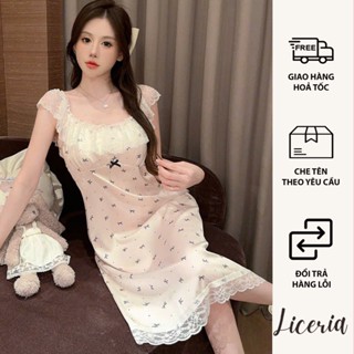 Đầm Ngủ Lụa Băng Phối Ren LICERIA In Hoạ Tiết Chất Lụa Mềm Mát Phong Cách Tiểu Thư Sang Chảnh