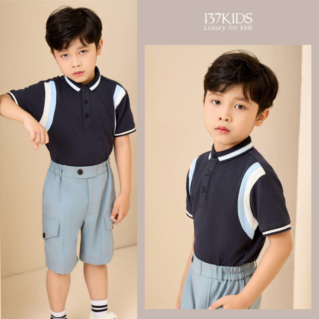Áo polo bé trai sọc vai xanh than Thiết Kế By 137KIDS chất 100% COTTON thoáng khí