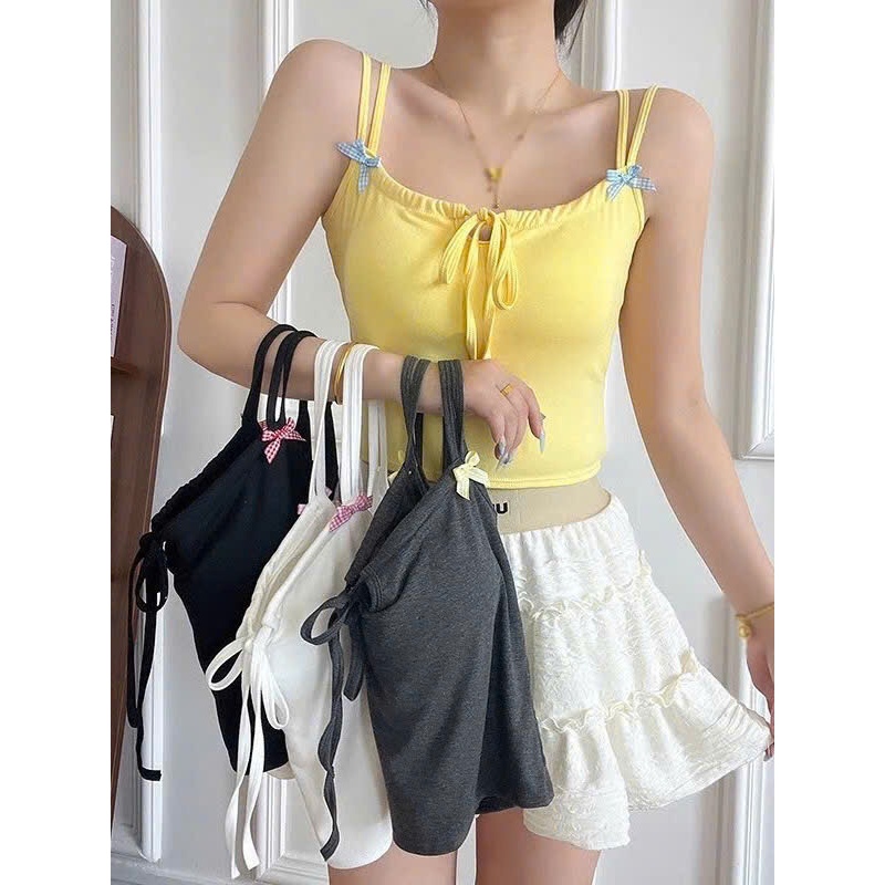 Áo 2 Dây CÓ ĐỆM MÚT NGỰC Co Dãn , Áo Len Tăm Chất Cotton Thắt Nơ Xinh Dáng Croptop Phối Dây Đôi Quyến Rũ Qccc Orangeclos | BigBuy360 - bigbuy360.vn