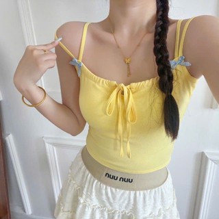 Áo 2 Dây Cotton CÓ KÈM ĐỆM MÚT, Áo Len Chất Thun Mền Cổ Tròn Phối Dây Đôi Đính Nơ Nhỏ Dáng Croptop Ôm Body Matmatshop