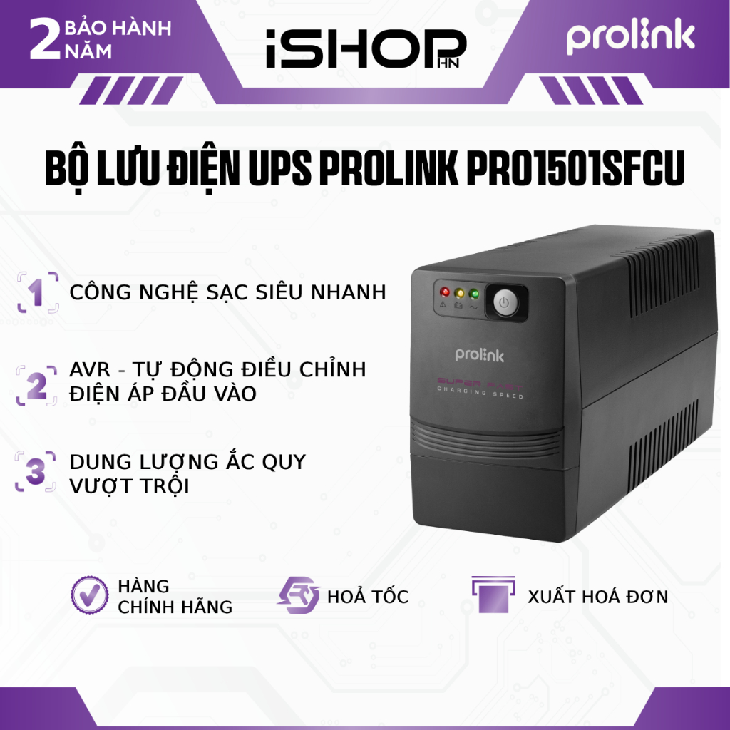 Bộ Lưu Điện UPS Prolink PRO1501SFC 1500VA/1050W, Dải Điện Áp Rộng, Sạc Siêu Nhanh