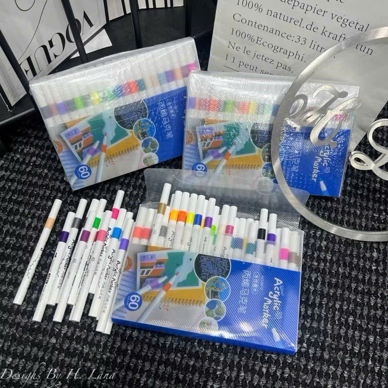 Hộp 60 Bút Màu Acrylic Marker Cao Cấp Màu Vẽ Sơn Chống Nước Bộ Cọ Vẽ Trên Mọi Chất Liệu Bề Mặt loại 