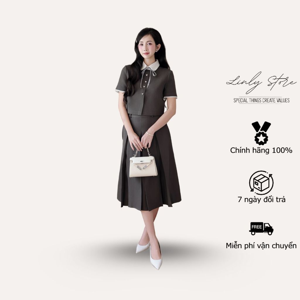 Set đồ nữ áo sơ mi thiết kế croptop đính cúc và chân váy xếp ly dài kèm nơ tiểu thư Linly Store