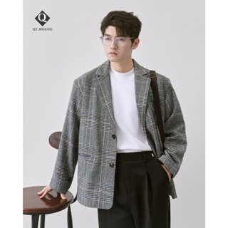 Áo Khoác Blazer Nam Qthouse Form Rộng Vải Dạ Kẻ Vintage Phong Cách Hàn Quốc