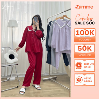 Bộ bầu mặc nhà (MIE) chất Lụa Ngọc Trai set đồ nữ, bộ đồ mùa hè tay dài thiết kế cổ sen phối ren by L'AMME