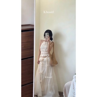|Khositl| set áo voan nude cổ yếm nhún bèo + chân váy midi đính bông