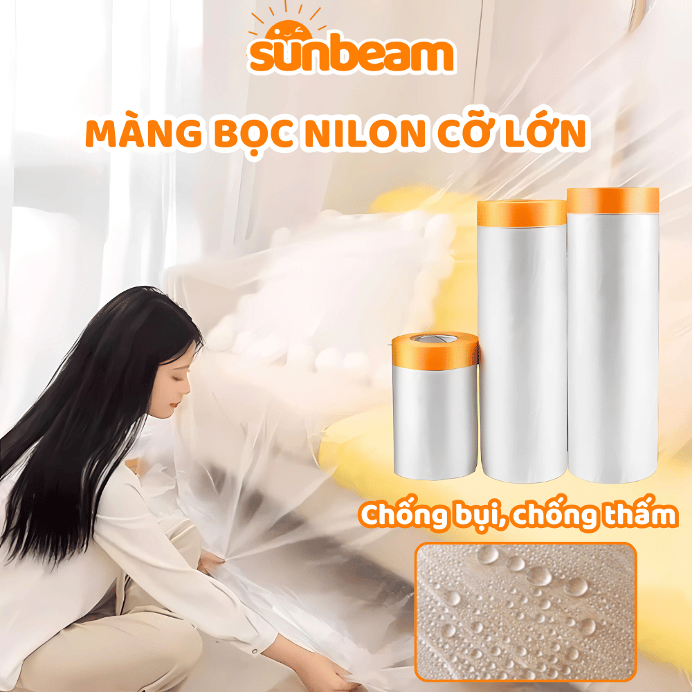 Dải 20 Mét Màng Bọc Nilon Che Bụi Nội Thất SUNBEAM, Băng keo Nilon, 1 đầu dán dính, che sơn, che phủ