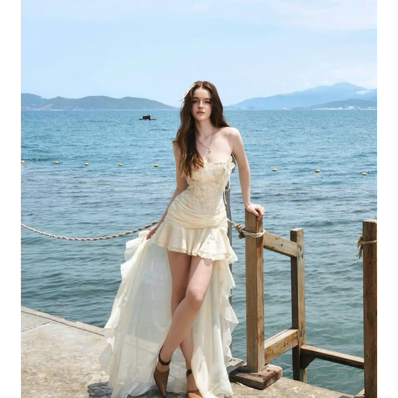 ( Chuẩn Hình L1 Kèm Quần Nhỏ) Đầm Váy Ống Tơ Ren Hoa Đính Hoa To Xoè 2 Lớp Tà Dài Đi Biển | BigBuy360 - bigbuy360.vn
