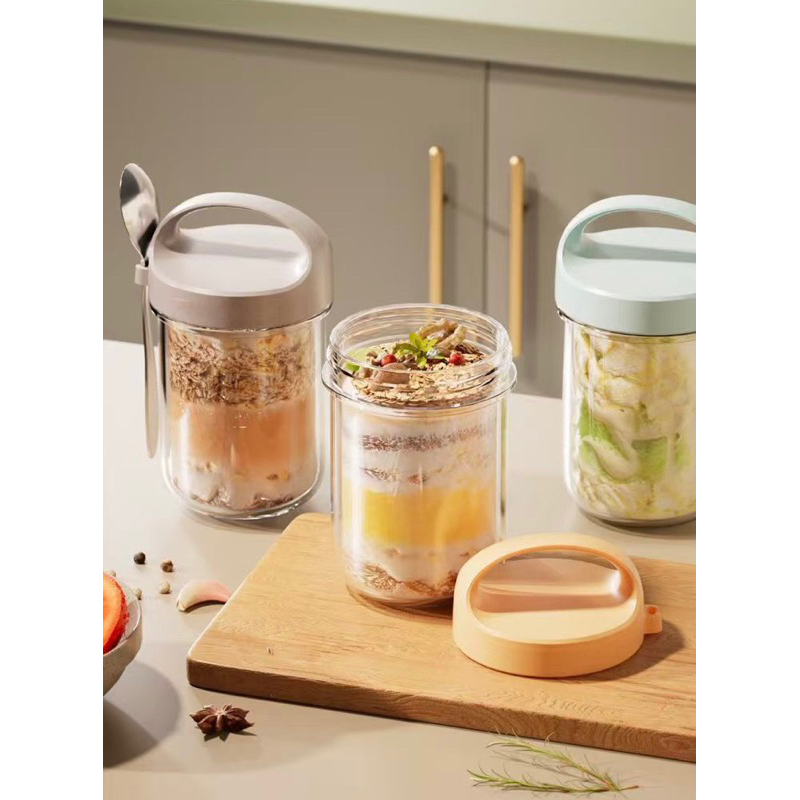 Lọ thủy tinh đựng yến mạch mang đi, đồ ăn sáng, đồ ăn dặm cho bé kèm muỗng tiện lợi