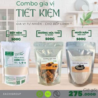 COMBO GIA VỊ TIẾT KIỆM Bột nêm Rau củ Thuần chay 500G+ Muối hầm Miền Trung 500G+ Đường mía thô 500G