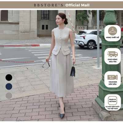 BBSTORE'S Áo Gile Công Sở Nút Bọc Túi Giả - A4398A - Chân Váy Xếp Ly Công Sở Xoè Dài - V4397A