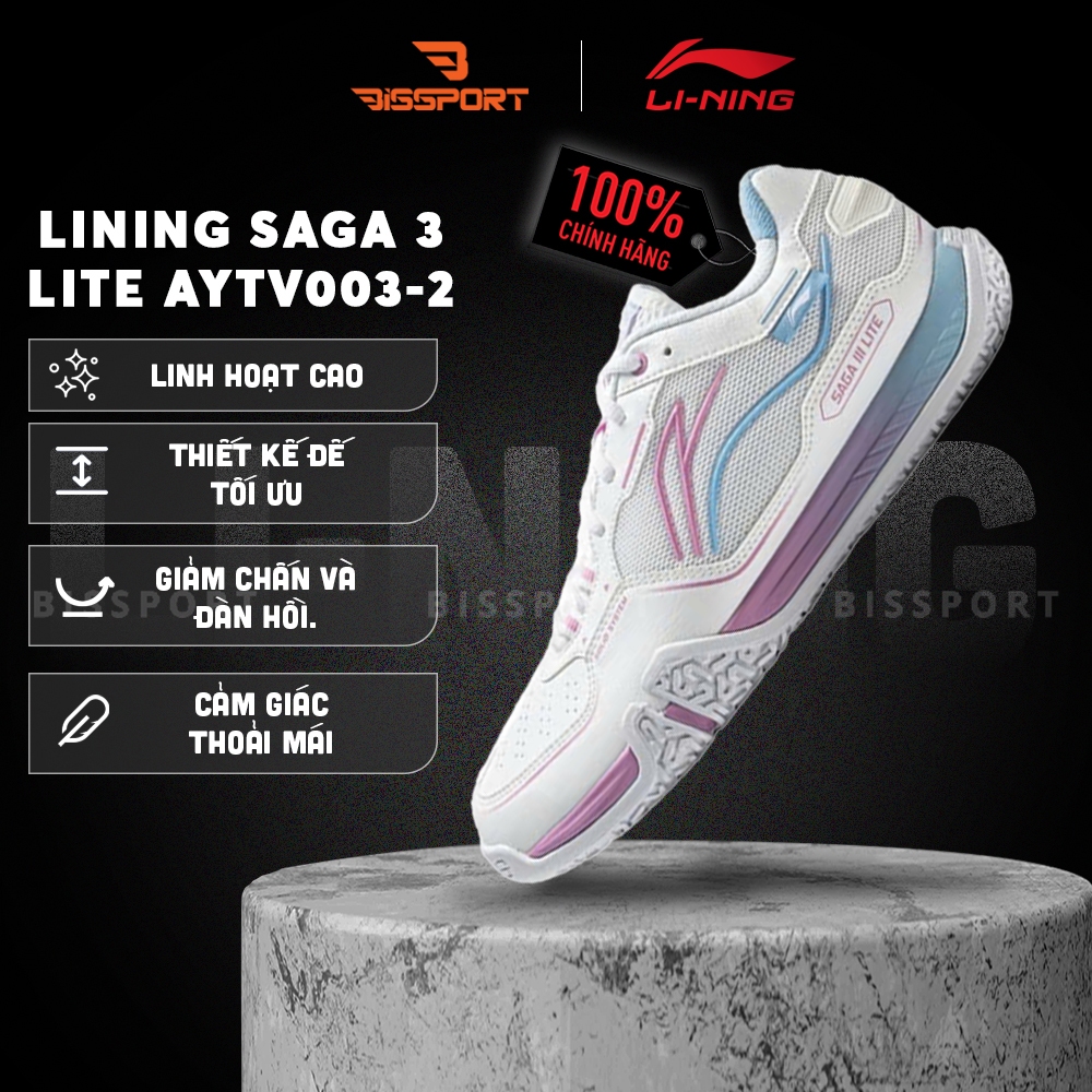  Giày Cầu Lông Lining Saga 3 Lite AYTV003-2 Chính Hãng - Trắng Hồng - Đế Bám Sàn - Chống Chấn - Thoáng Khí - Ôm Form 