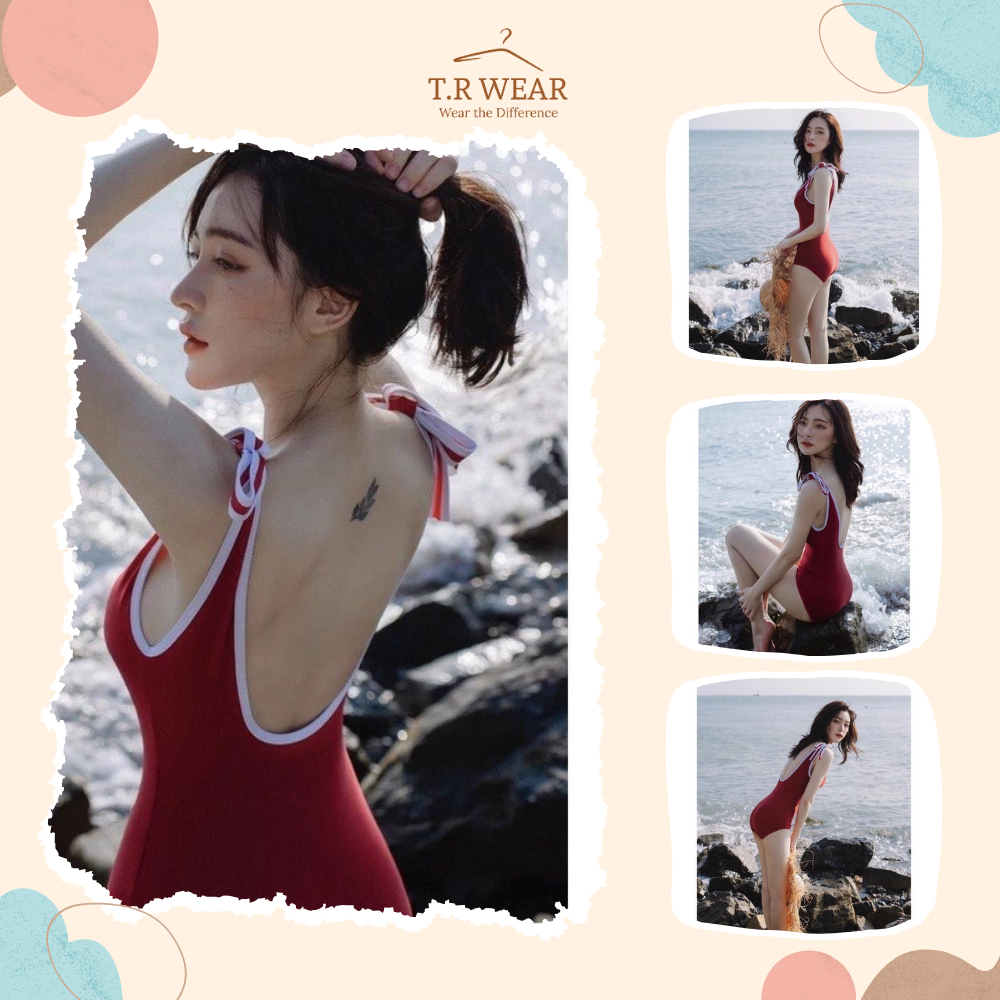 [BIKINI HÀNG LOẠI 1] Bộ bikini liền thân đỏ viền trắng, nơ tại quai | BigBuy360 - bigbuy360.vn