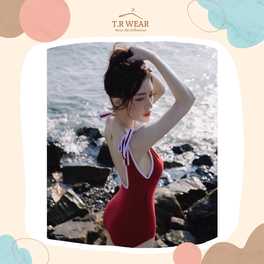 [BIKINI HÀNG LOẠI 1] Bộ bikini liền thân đỏ viền trắng, nơ tại quai | BigBuy360 - bigbuy360.vn