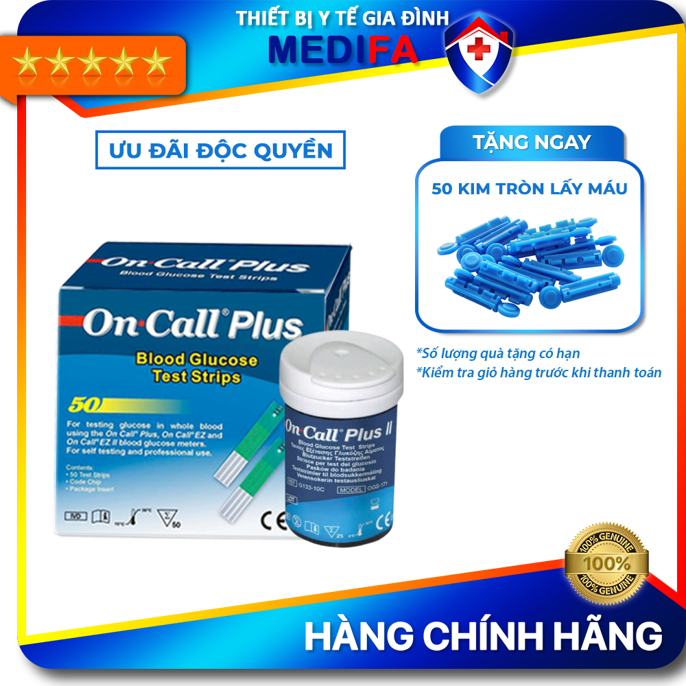 Hộp 50 que thử đường huyết On Call Plus, mỗi hộp 2 lọ 25 que thử chính hãng ACON