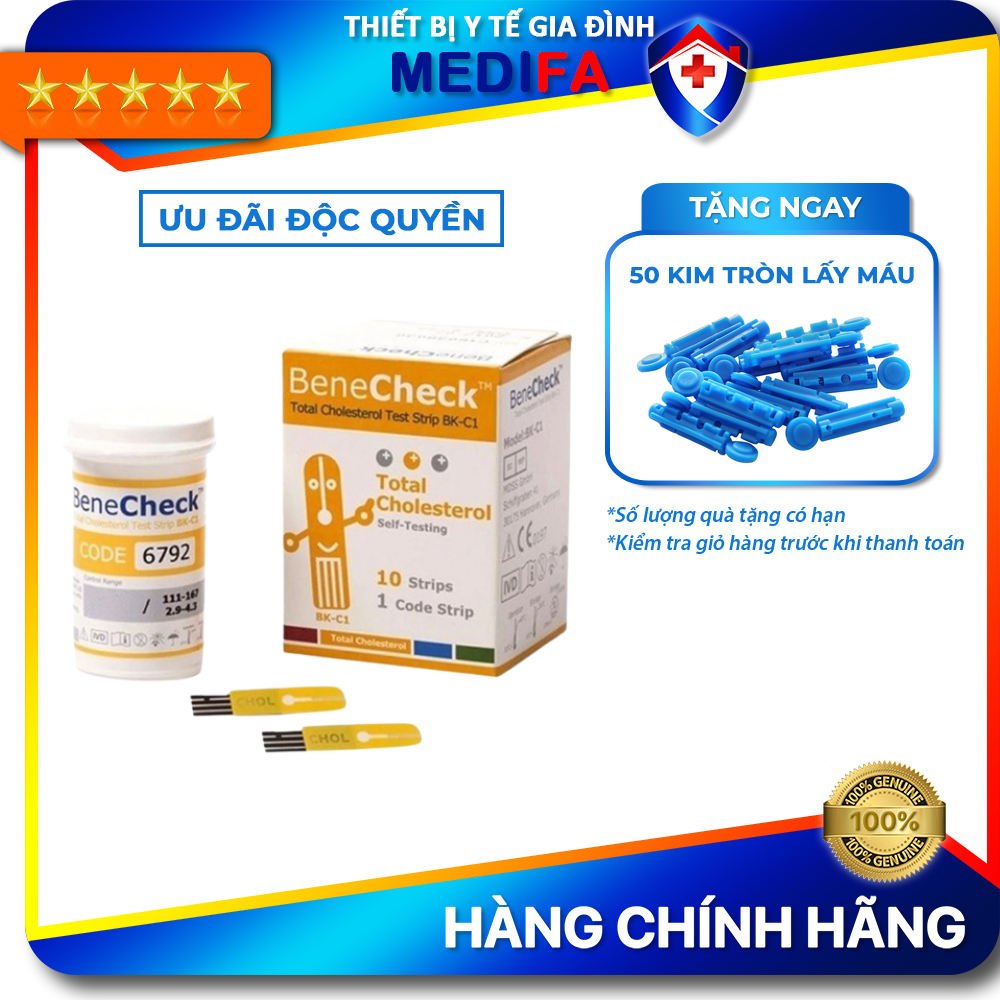 Hộp 10 Que Thử Mỡ Máu (Cholesterol) Dùng Cho Máy Benecheck Plus