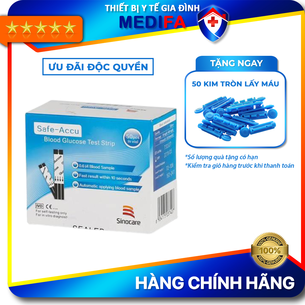 Hộp 50 Que Thử Đường Huyết Safe Accu Dùng Cho Máy Đo Đường Huyết Sinocare Safe Accu, Hàng Chính Hãng