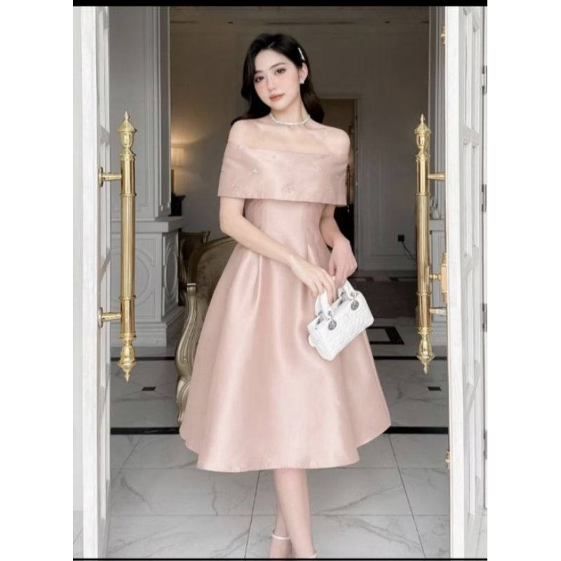 ZAMY SHOP - Váy TK tafta trễ vai đính đá đầm dự tiệc sang chảnh, váy tiểu thư nhẹ nhàng, váy nữ 2025