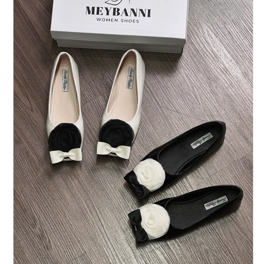 [Chân Gầy Lùi 1 Size] Giày Búp Bê Nữ MEYBANNI Phối Hoa và Nơ Xinh Đế Mềm Êm, Dễ Đi, Phối Đồ Sang Trọng - C727