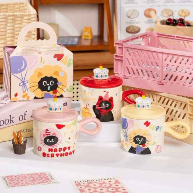 Cốc Gốm Sứ Hình Mèo Happy Brithday Cute, mèo đen hộp quà tặng