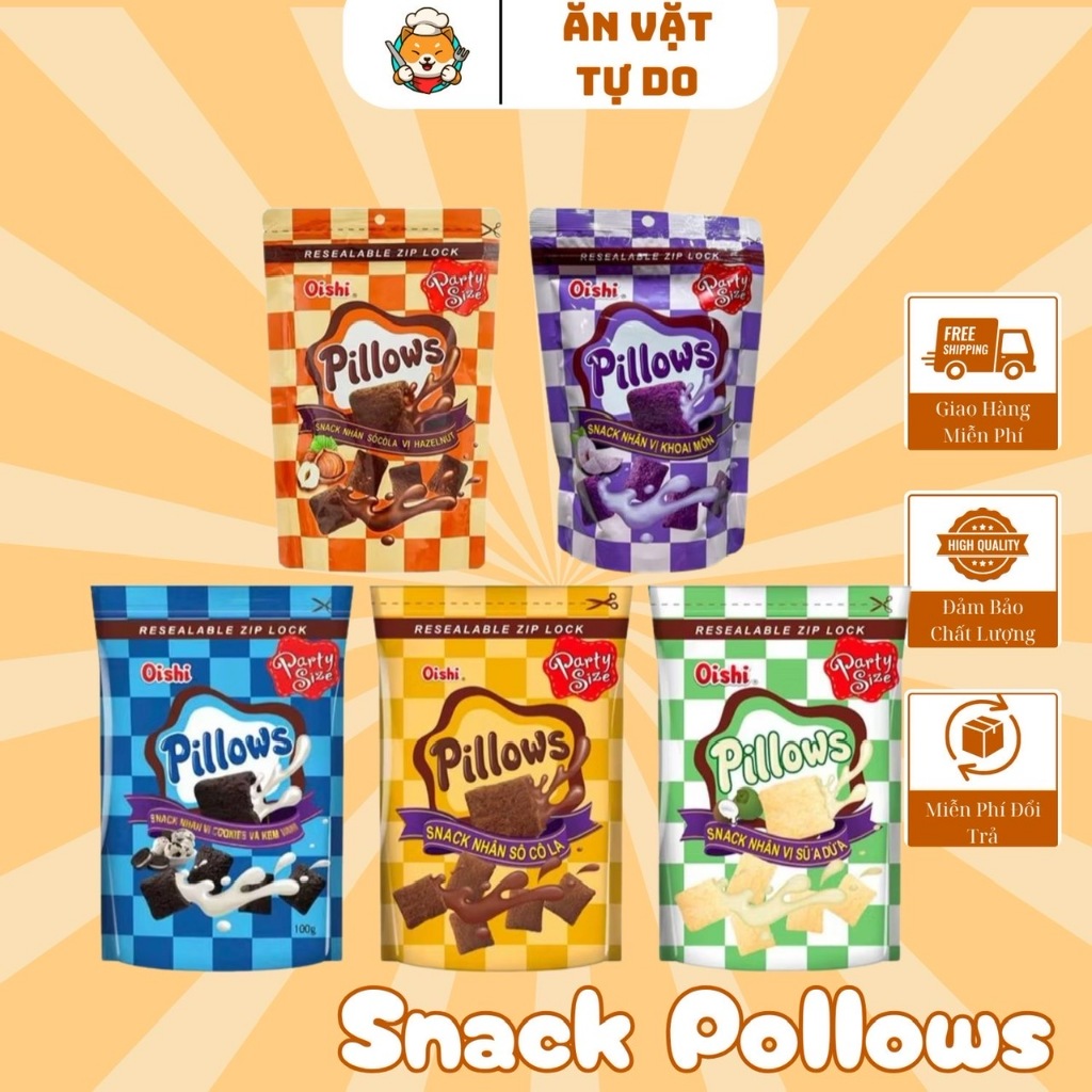 Snack Pillows Oishi Nhân Sữa Dừa - Socola - Kem Vani Gói 85G, Bánh Nhân Kem Oishi, đồ ăn vặt