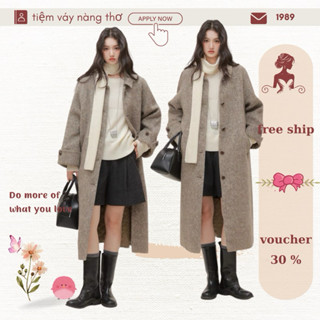 (tiệm vaynangtho -order) Áo khoác dạ lông cừu dáng dài màu nâu tây