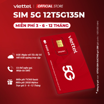 [FREE 1 Năm] Sim 5G Viettel 12T5G135N Data 6GB/Ngày - 180GB/Tháng. Tốc Độ Cao Toàn Quốc. Trọn Gói 1 Năm Không Nạp Tiền