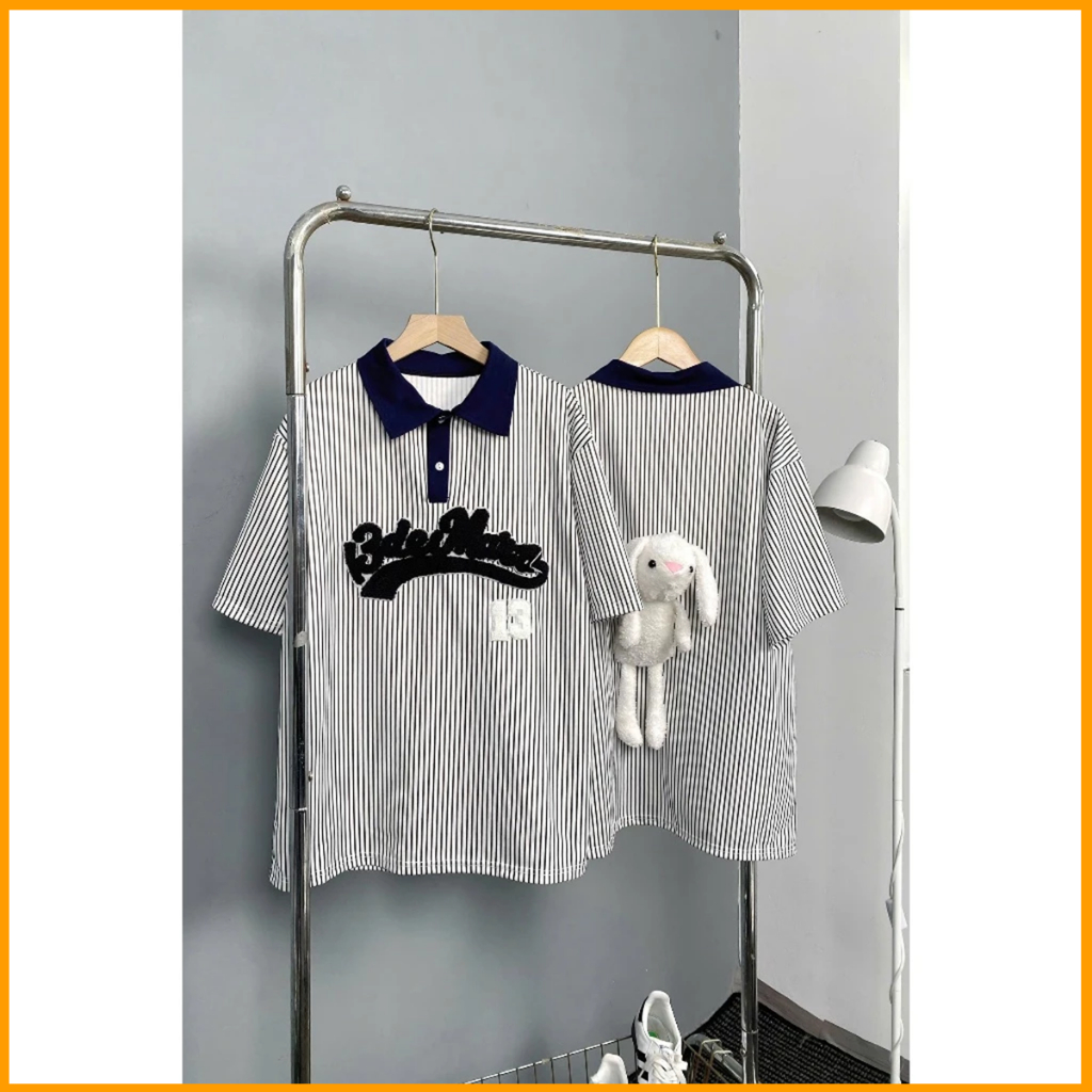 Áo thun cổ bẻ kẻ sọc phối họa tiết số 13 unisex form rộng chất liệu cotton co giãn | BigBuy360 - bigbuy360.vn