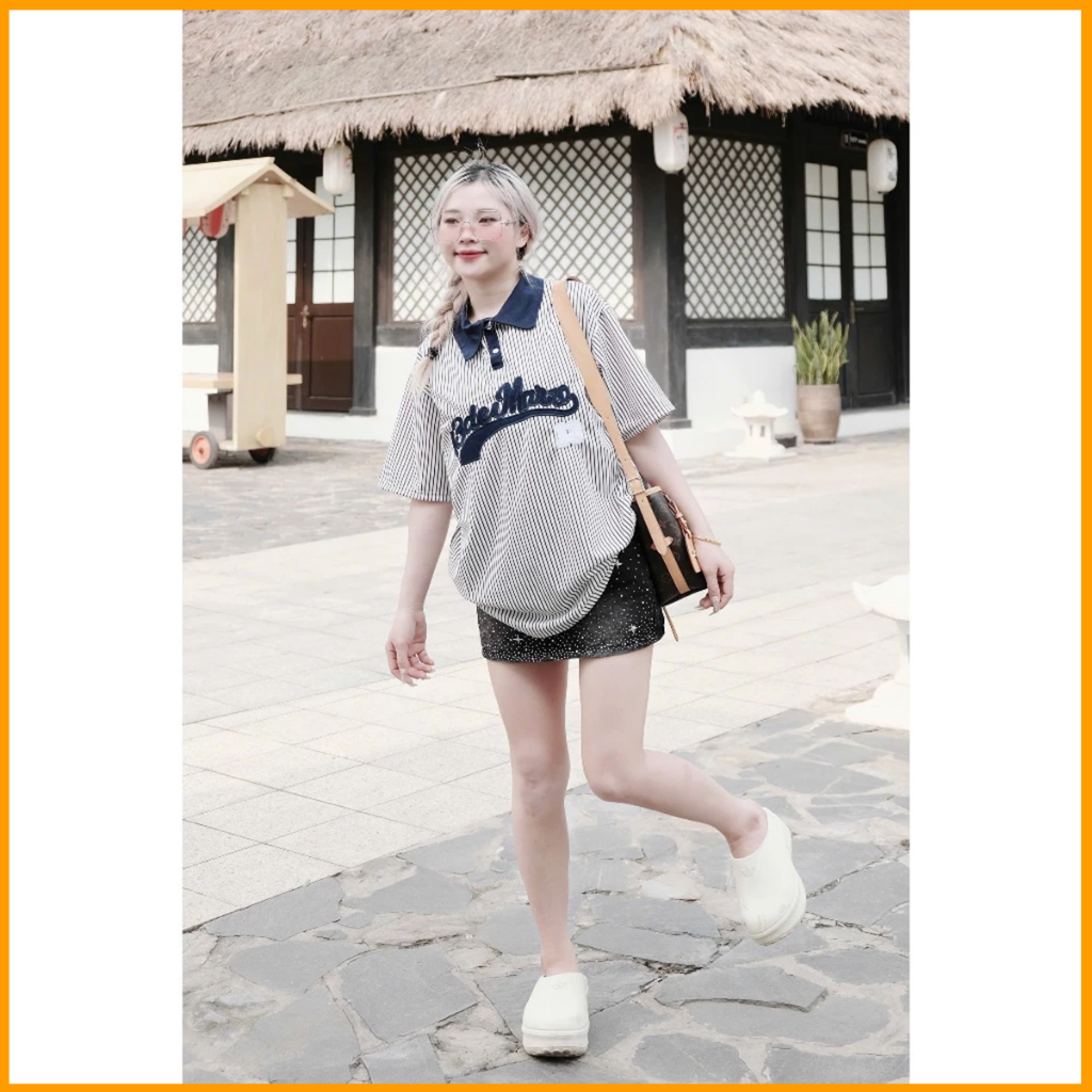 Áo thun cổ bẻ kẻ sọc phối họa tiết số 13 unisex form rộng chất liệu cotton co giãn | BigBuy360 - bigbuy360.vn