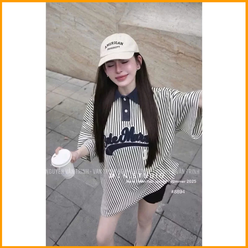 Áo thun cổ bẻ kẻ sọc phối họa tiết số 13 unisex form rộng chất liệu cotton co giãn | BigBuy360 - bigbuy360.vn