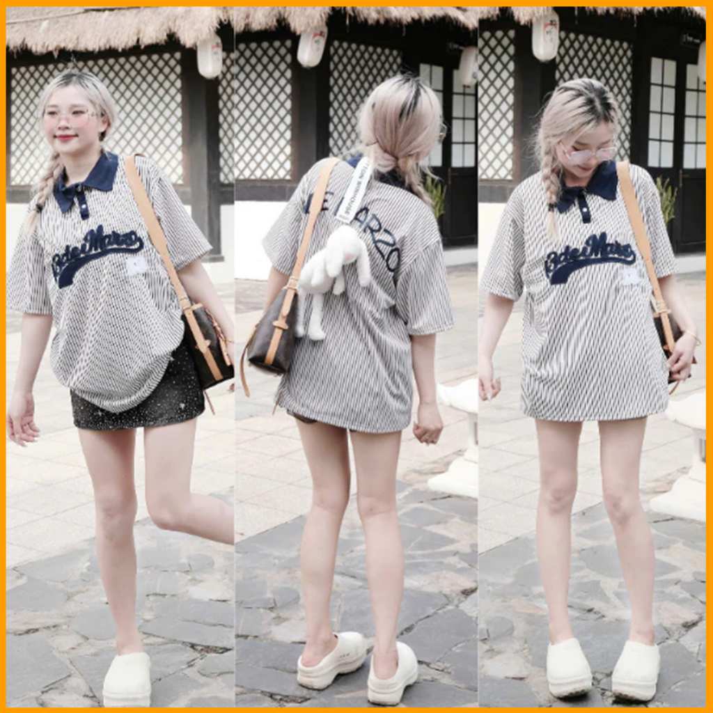 Áo thun cổ bẻ kẻ sọc phối họa tiết số 13 unisex form rộng chất liệu cotton co giãn