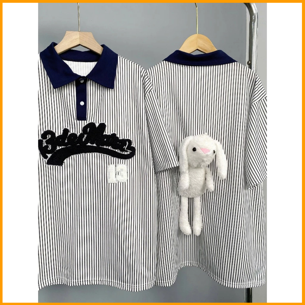 Áo thun cổ bẻ kẻ sọc phối họa tiết số 13 unisex form rộng chất liệu cotton co giãn | BigBuy360 - bigbuy360.vn