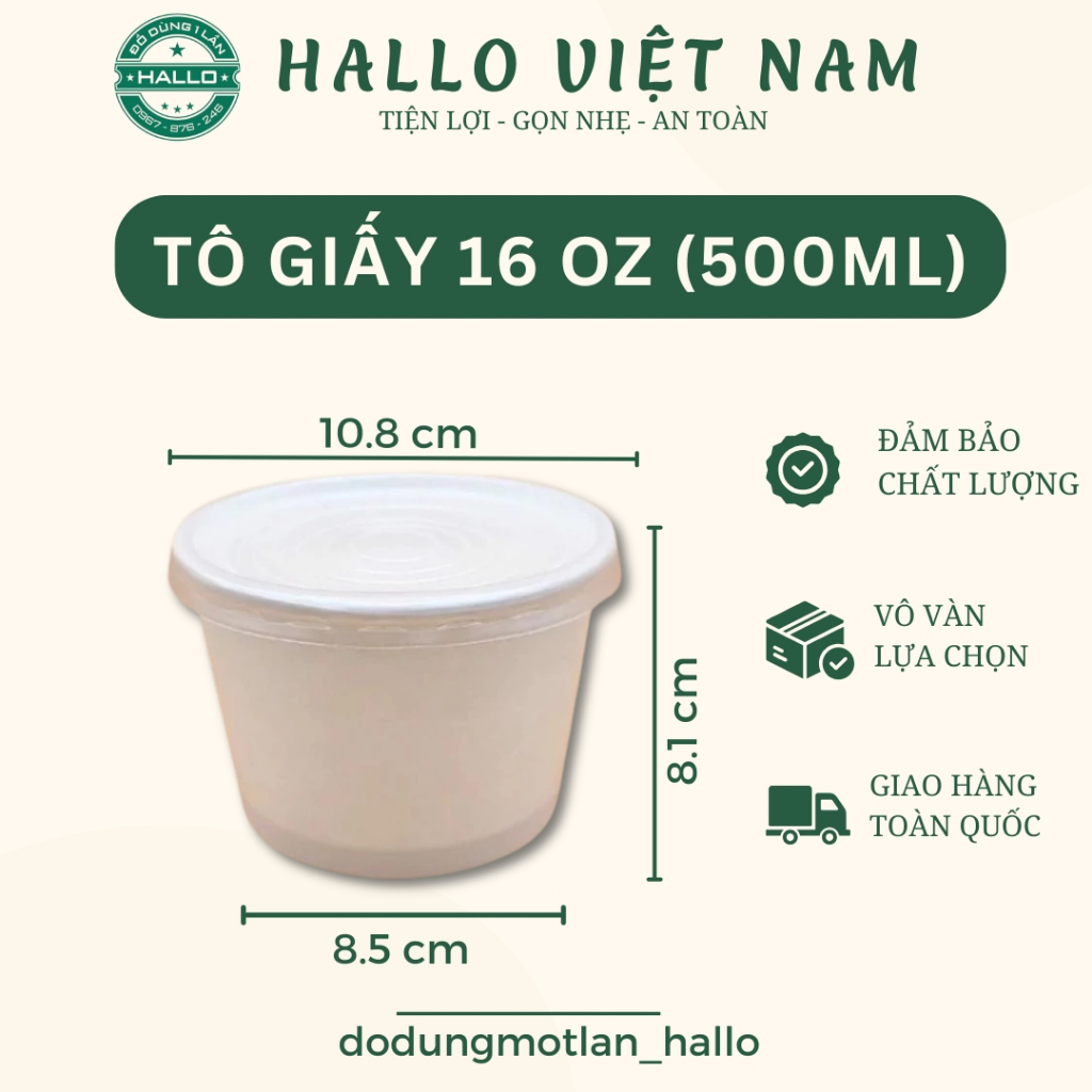 Set 50 tô giấy 500ml kèm nắp PP - Tô giấy đựng kem - Tô giấy 16 oz kèm nắp đựng đồ ăn