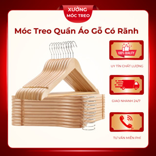 Combo 10 móc treo quần áo gỗ, móc gỗ treo quần áo thanh ngang có rãnh đủ màu