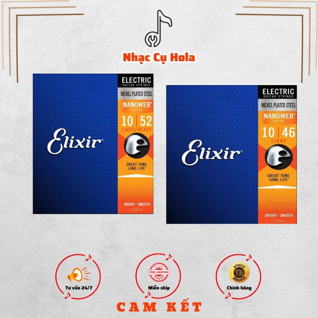Dây đàn Guitar điện Elixir 12077 12052 Nanoweb Electric Guitar Strings, 10-52 10-46