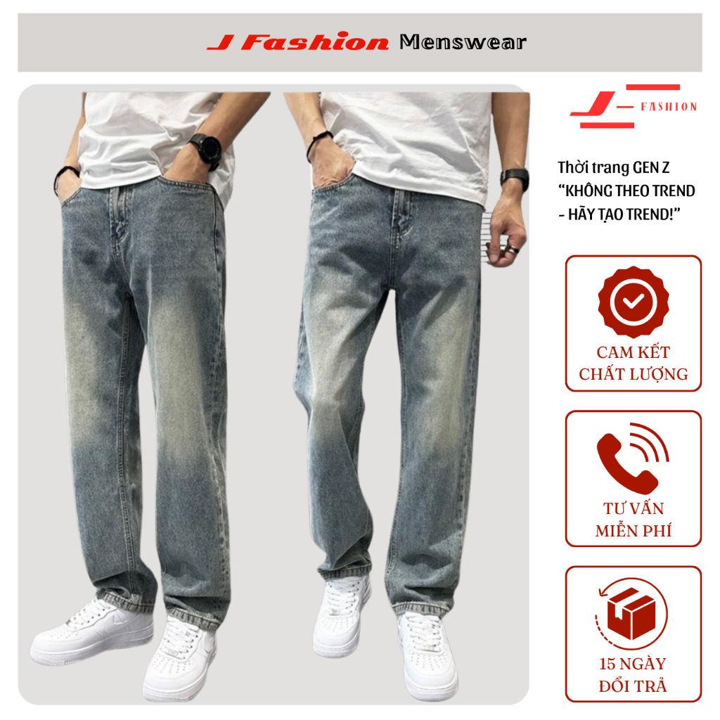 Quần Jean Nam Ống Suông Cạp Cao Wash Xanh Retro J_FASHION, Quần Jean Nam Baggy Chất Liệu Cao Cấp