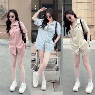 Set Đồ Nữ Áo Sơ Mi Tay Cộc Kèm Quần Ngắn Chất Đũi Mềm Bộ Đồ Nữ Thêu Ngựa Cao Cấp