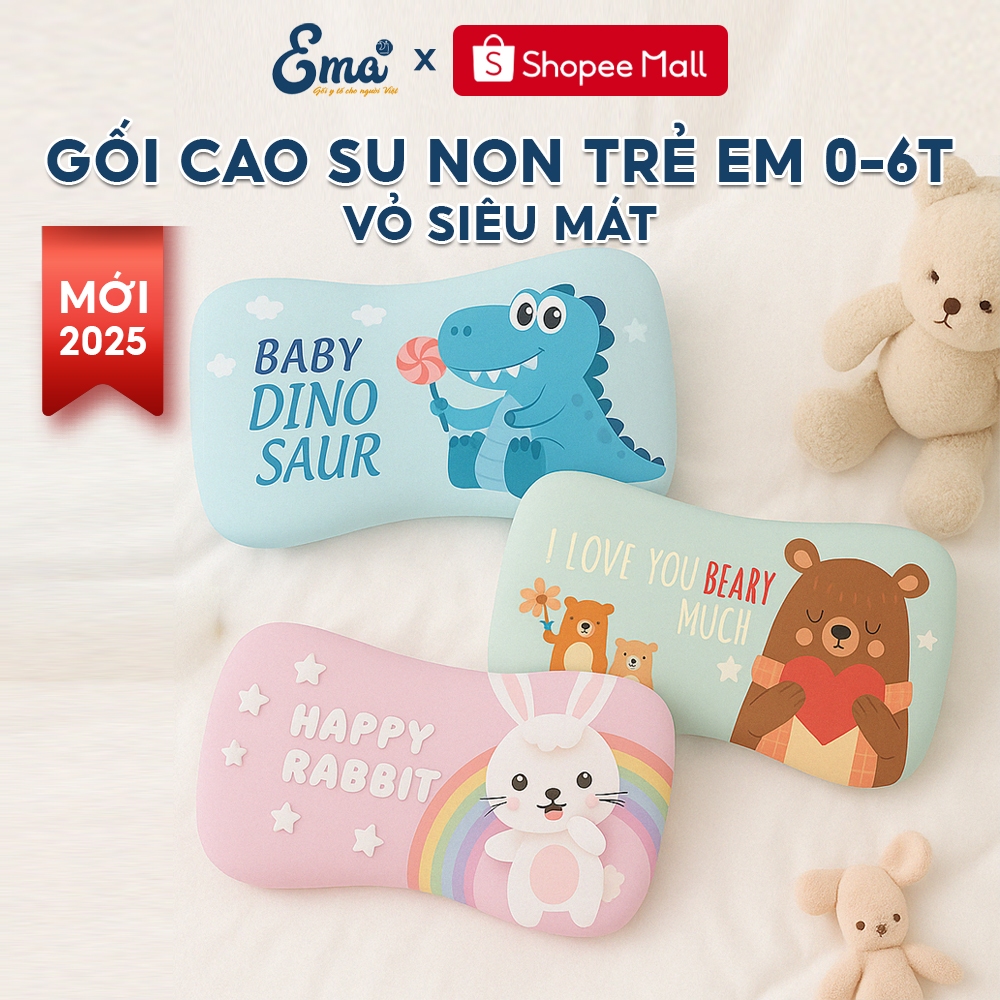 Gối cao su non cho bé 0-1-2-3-4-5-6 tuổi EMA - Chống méo đầu, đổ mồ hôi, tạo giấc ngủ ngon