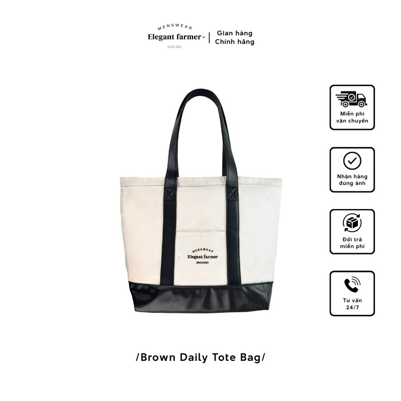 [Elegant Farmer] Black Daily Tote - Túi Tote vải canvas kết hợp da thanh lịch.