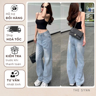 QJ47 - Quần Jean Nữ Ống Rộng, Lưng Cao Màu Xanh Nhạt Sáng The Synn